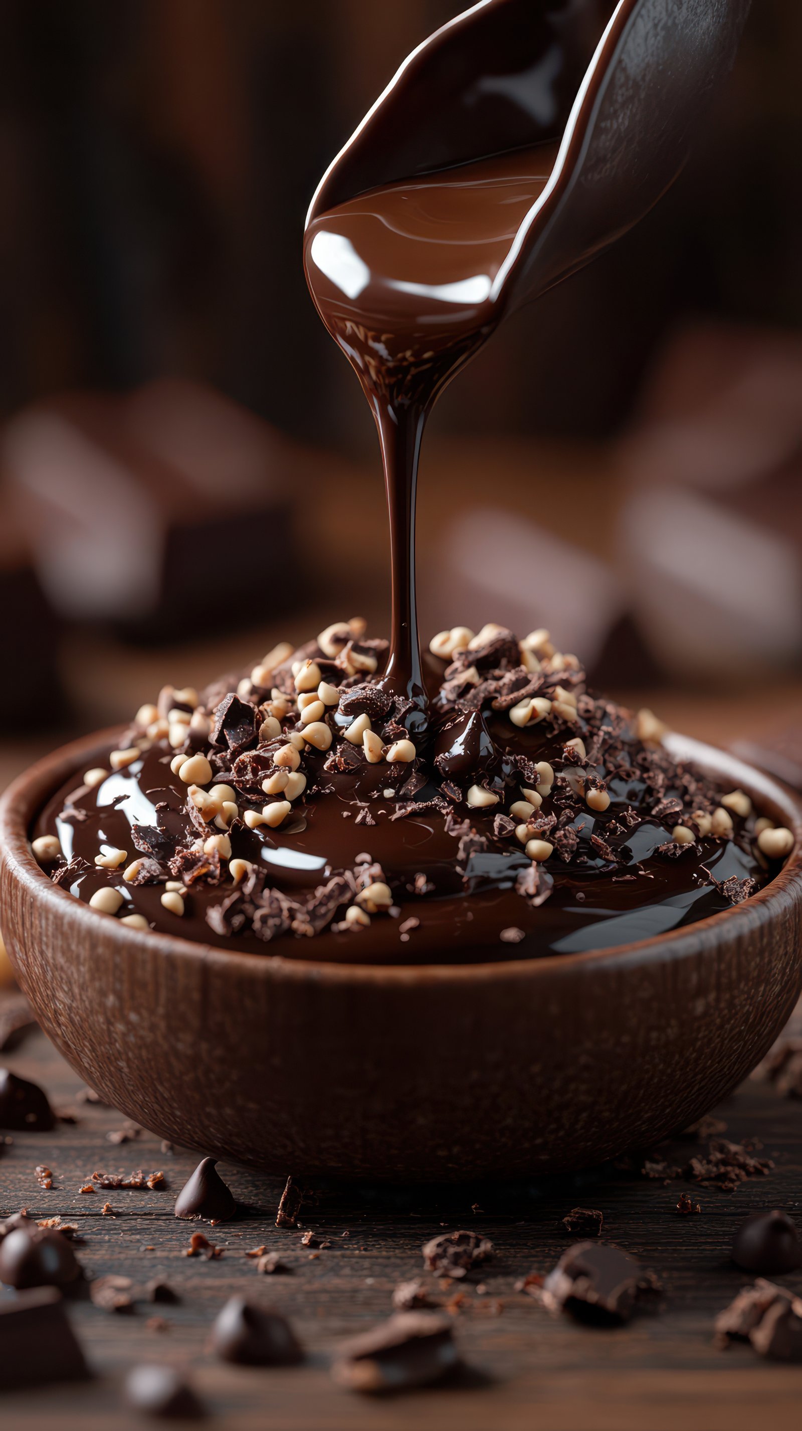 Decadent melted chocolate drizzled over a dessert with toppings in a rustic setting